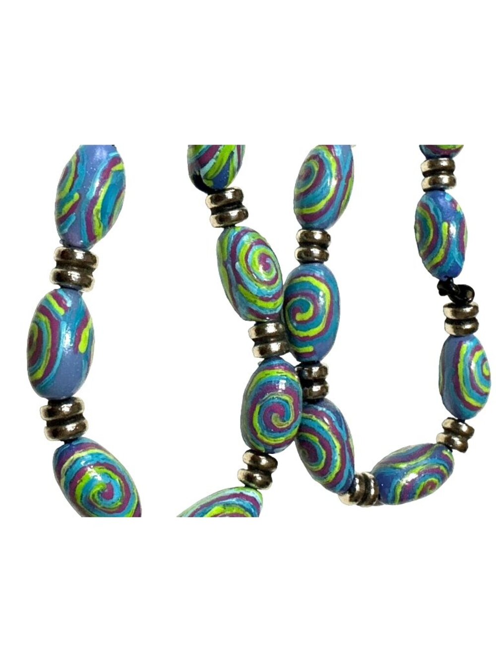 Retro Mod Blue Psychedelic Bead Necklace Plastic Handmade Groovy Boho Chic